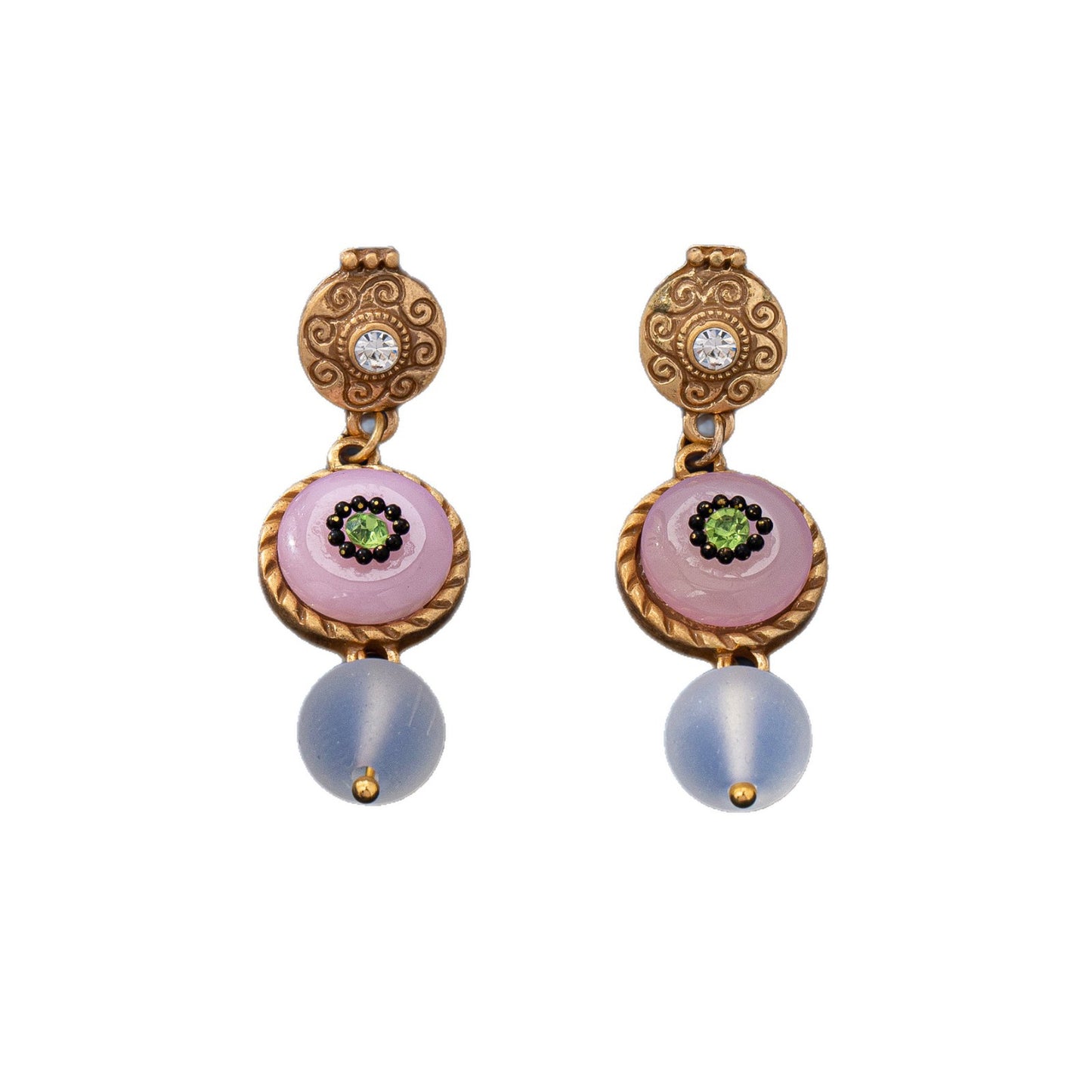 Round Natural Pink Glass Stud Earrings For Women Featuring Electroplated Finish And 925 Sterling Silver Posts