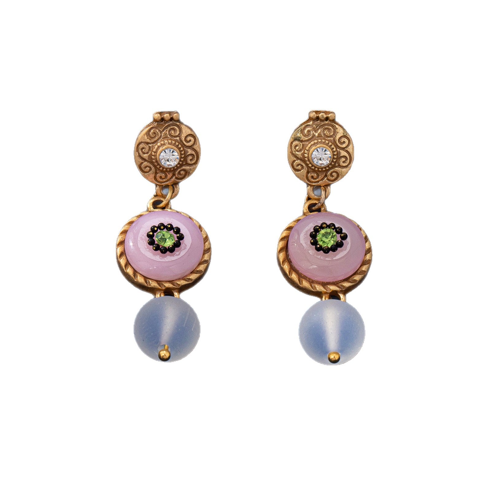Round Natural Pink Glass Stud Earrings For Women Featuring Electroplated Finish And 925 Sterling Silver Posts