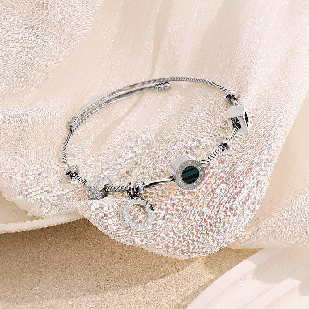Braid Pattern Letter Bangle In Gold Titanium Steel With Spring Ring Trigger Clasp Closure