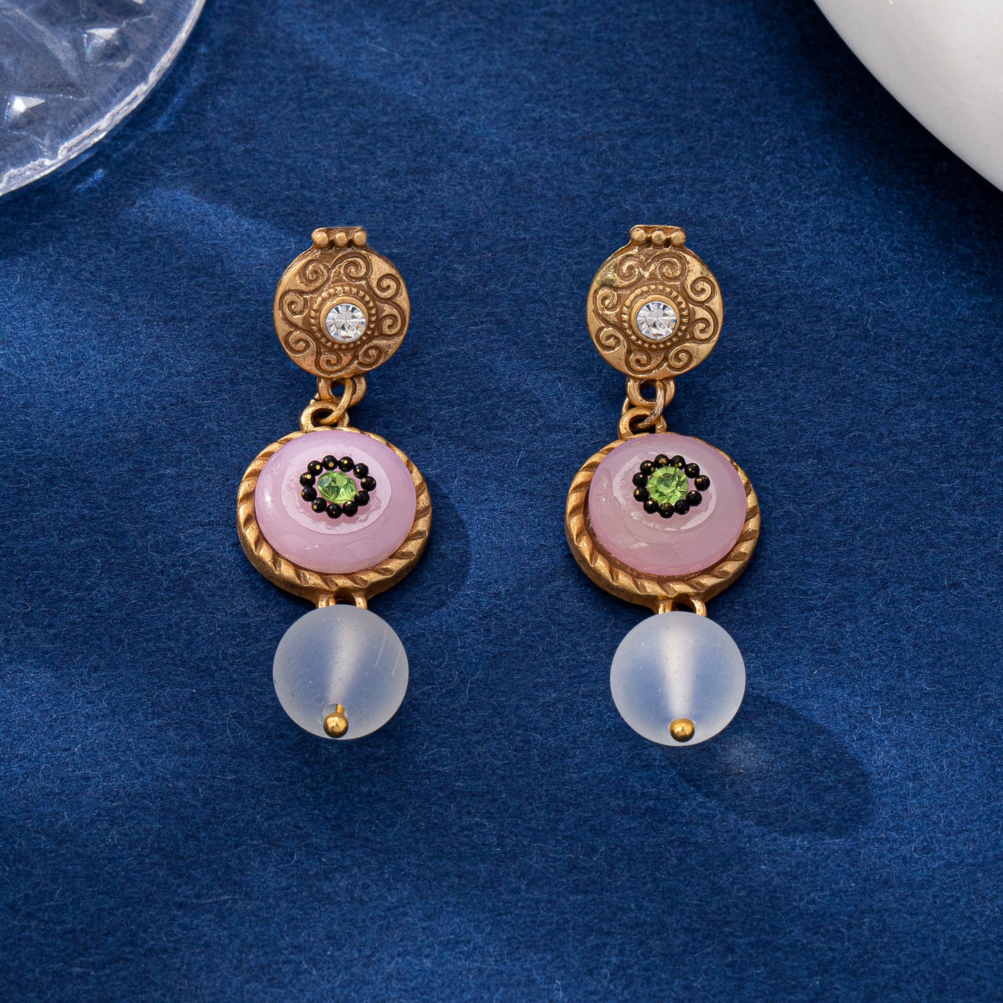 Round Natural Pink Glass Stud Earrings For Women Featuring Electroplated Finish And 925 Sterling Silver Posts