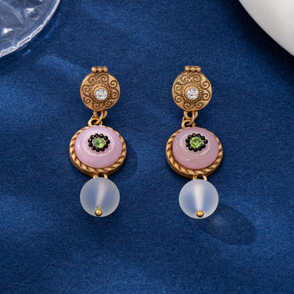 Round Natural Pink Glass Stud Earrings For Women Featuring Electroplated Finish And 925 Sterling Silver Posts