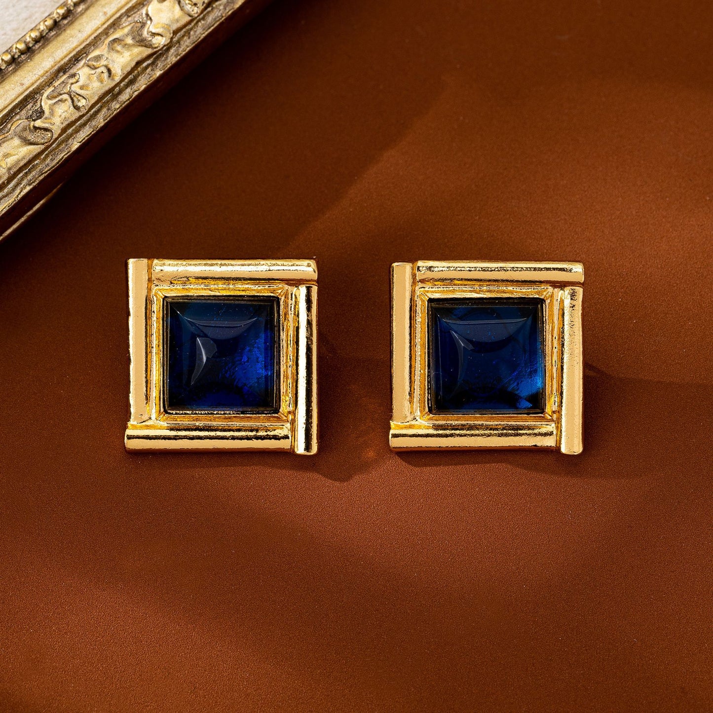 Quadrilateral Stud Earrings For Women In Blue Zinc Alloy With 925 Sterling Silver Posts Featuring Retro Style
