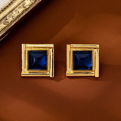 Quadrilateral Stud Earrings For Women In Blue Zinc Alloy With 925 Sterling Silver Posts Featuring Retro Style