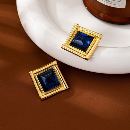 Quadrilateral Stud Earrings For Women In Blue Zinc Alloy With 925 Sterling Silver Posts Featuring Retro Style