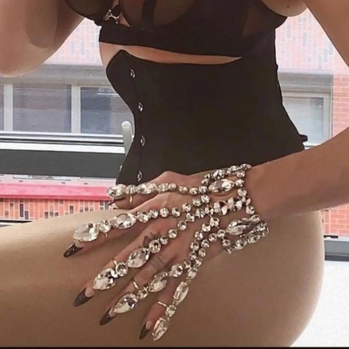 Geometric Silver Hand Chain Bracelet For Women, Electroplated Alloy With Rhinestone Inlay