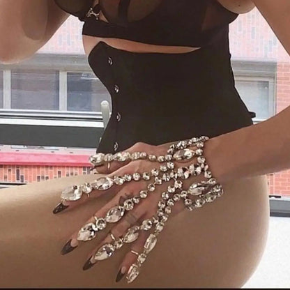 Geometric Silver Hand Chain Bracelet For Women, Electroplated Alloy With Rhinestone Inlay