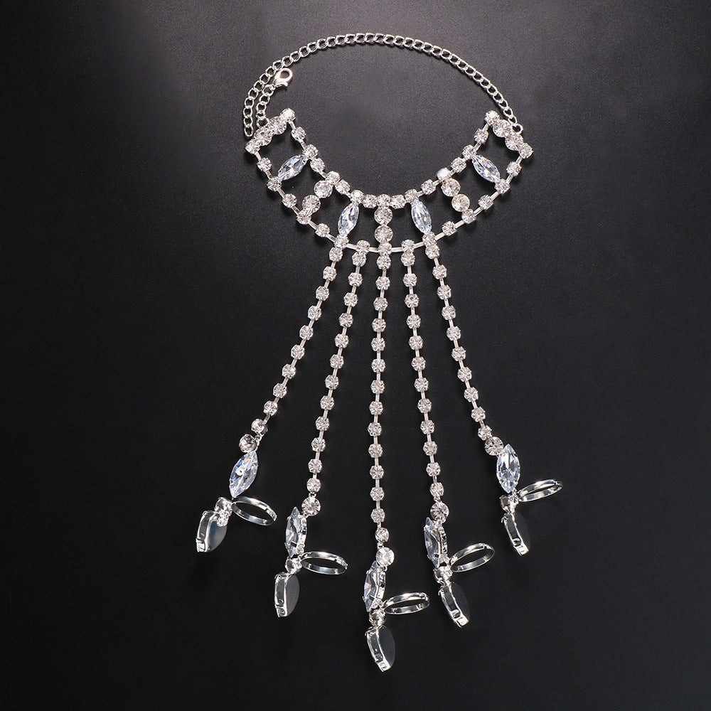 Geometric Silver Hand Chain Bracelet For Women, Electroplated Alloy With Rhinestone Inlay
