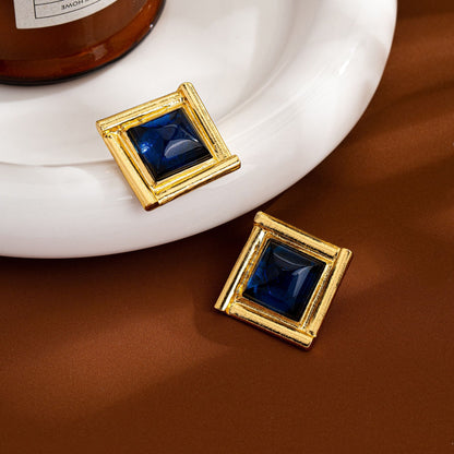 Quadrilateral Stud Earrings For Women In Blue Zinc Alloy With 925 Sterling Silver Posts Featuring Retro Style