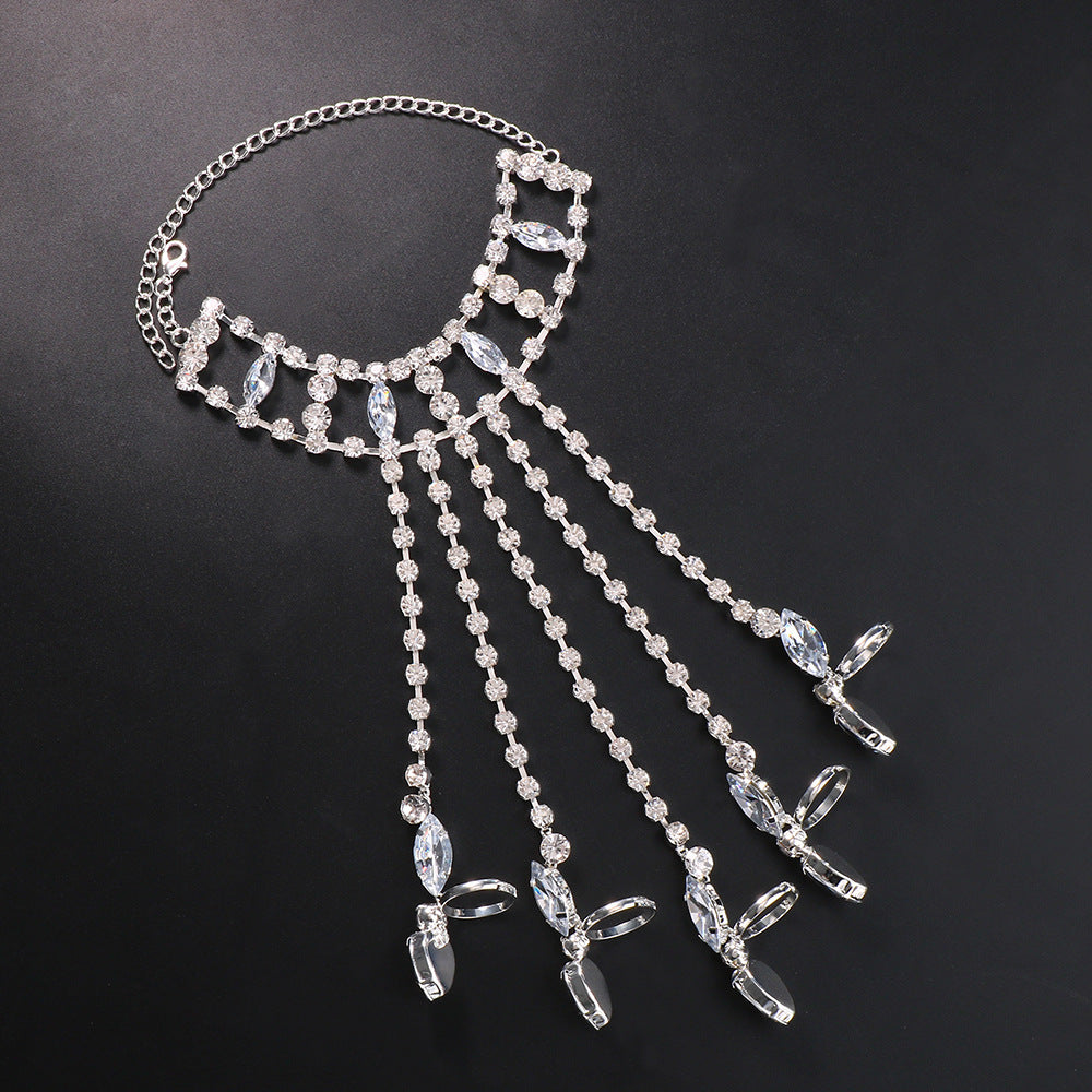 Geometric Silver Hand Chain Bracelet For Women, Electroplated Alloy With Rhinestone Inlay