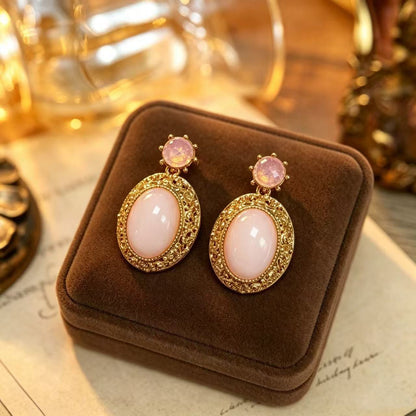 Natural Pink Portrait Drop Earrings For Unisex Featuring Carving Design With 925 Sterling Silver Studs And Zinc Alloy Material