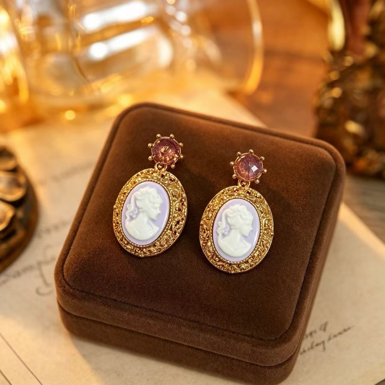 Natural Pink Portrait Drop Earrings For Unisex Featuring Carving Design With 925 Sterling Silver Studs And Zinc Alloy Material