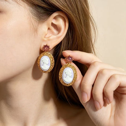 Natural Pink Portrait Drop Earrings For Unisex Featuring Carving Design With 925 Sterling Silver Studs And Zinc Alloy Material