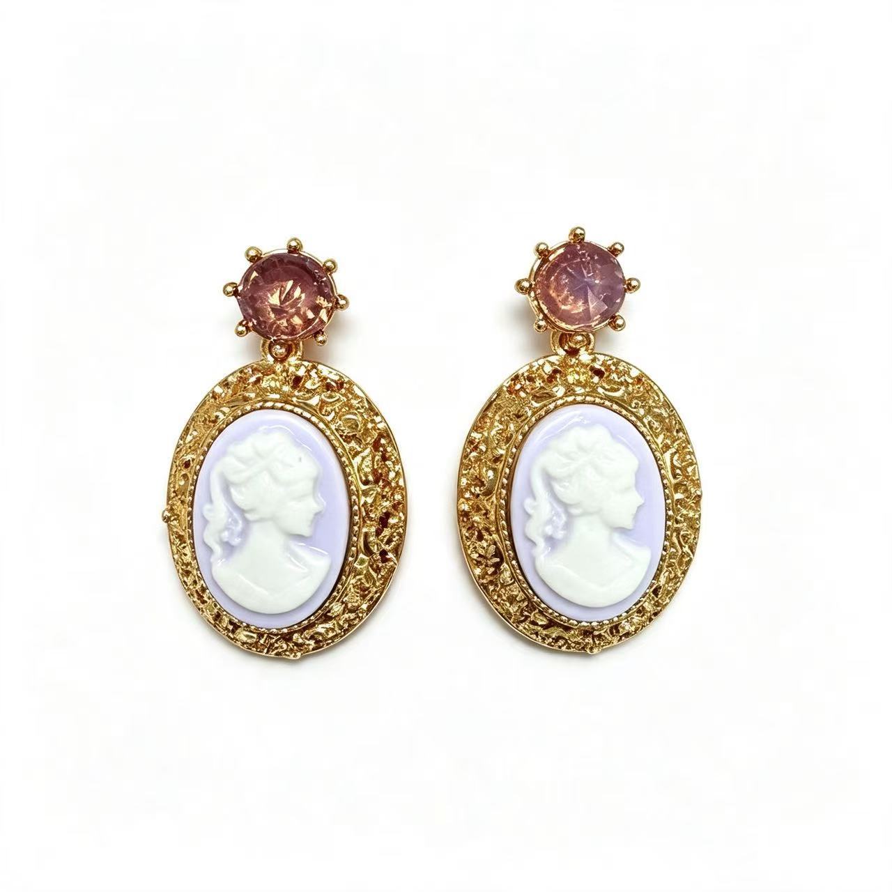Natural Pink Portrait Drop Earrings For Unisex Featuring Carving Design With 925 Sterling Silver Studs And Zinc Alloy Material