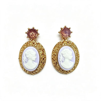 Natural Pink Portrait Drop Earrings For Unisex Featuring Carving Design With 925 Sterling Silver Studs And Zinc Alloy Material