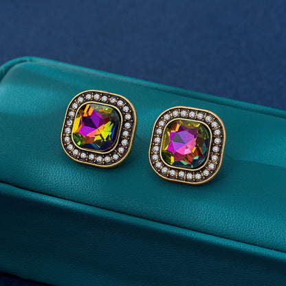 Retro Square Stud Earrings For Women In Green Metal With Rhinestones Featuring Electroplated Finish