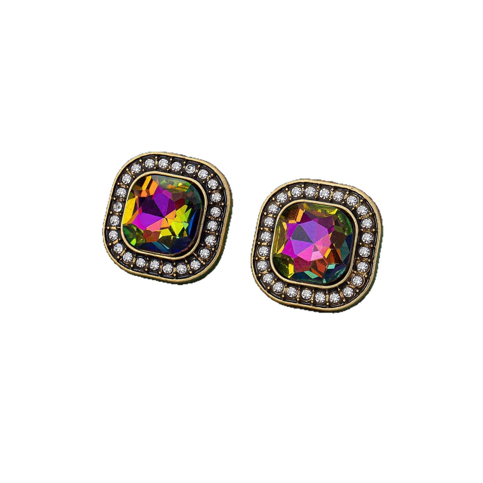 Retro Square Stud Earrings For Women In Green Metal With Rhinestones Featuring Electroplated Finish