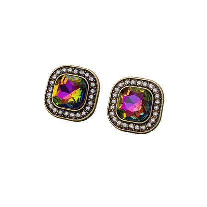 Retro Square Stud Earrings For Women In Green Metal With Rhinestones Featuring Electroplated Finish
