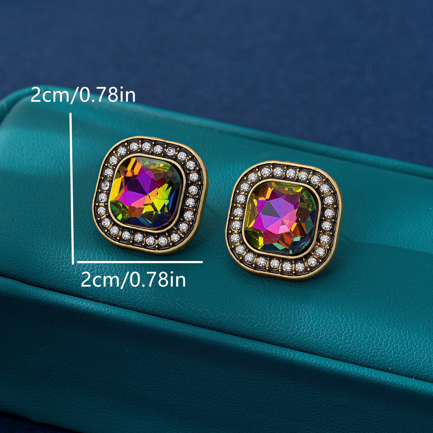 Retro Square Stud Earrings For Women In Green Metal With Rhinestones Featuring Electroplated Finish