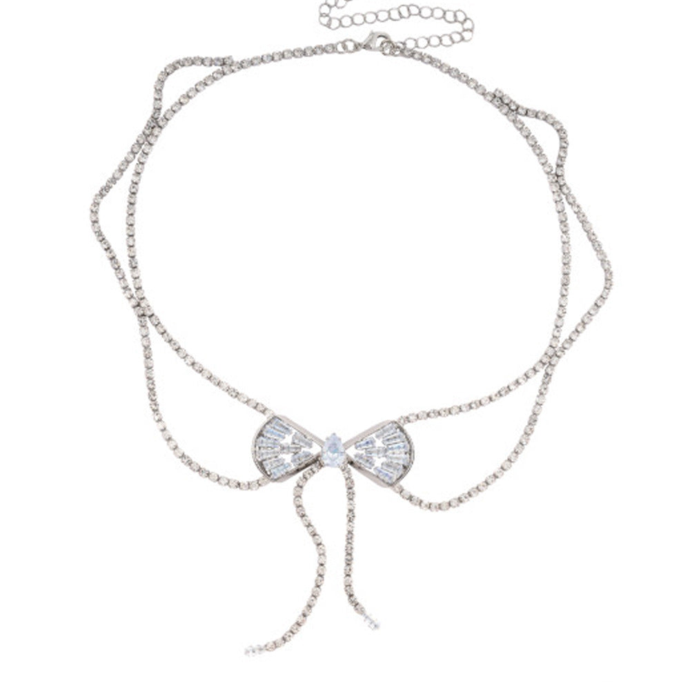 Silver Tassel Bow Tie Layered Necklace For Women Featuring Rhinestone Pendant In Alloy
