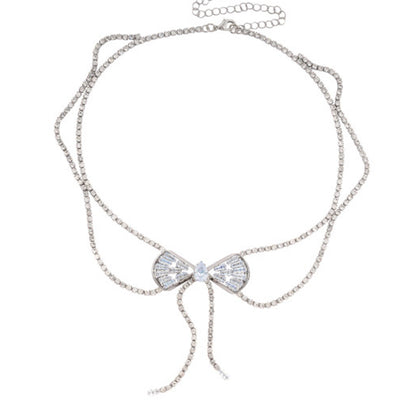 Silver Tassel Bow Tie Layered Necklace For Women Featuring Rhinestone Pendant In Alloy