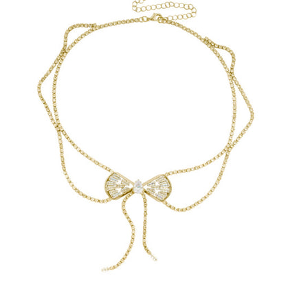 Silver Tassel Bow Tie Layered Necklace For Women Featuring Rhinestone Pendant In Alloy