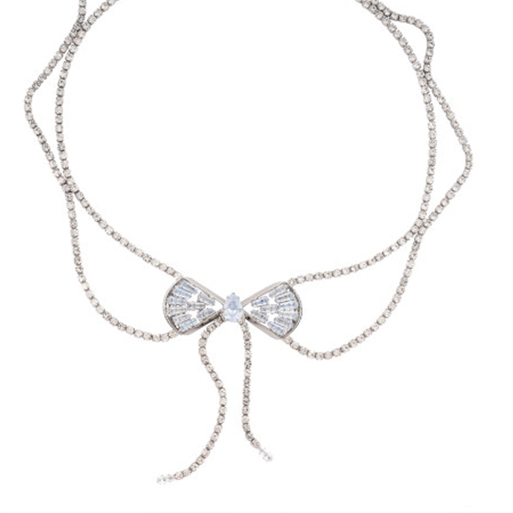 Silver Tassel Bow Tie Layered Necklace For Women Featuring Rhinestone Pendant In Alloy