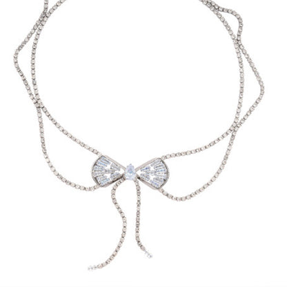 Silver Tassel Bow Tie Layered Necklace For Women Featuring Rhinestone Pendant In Alloy