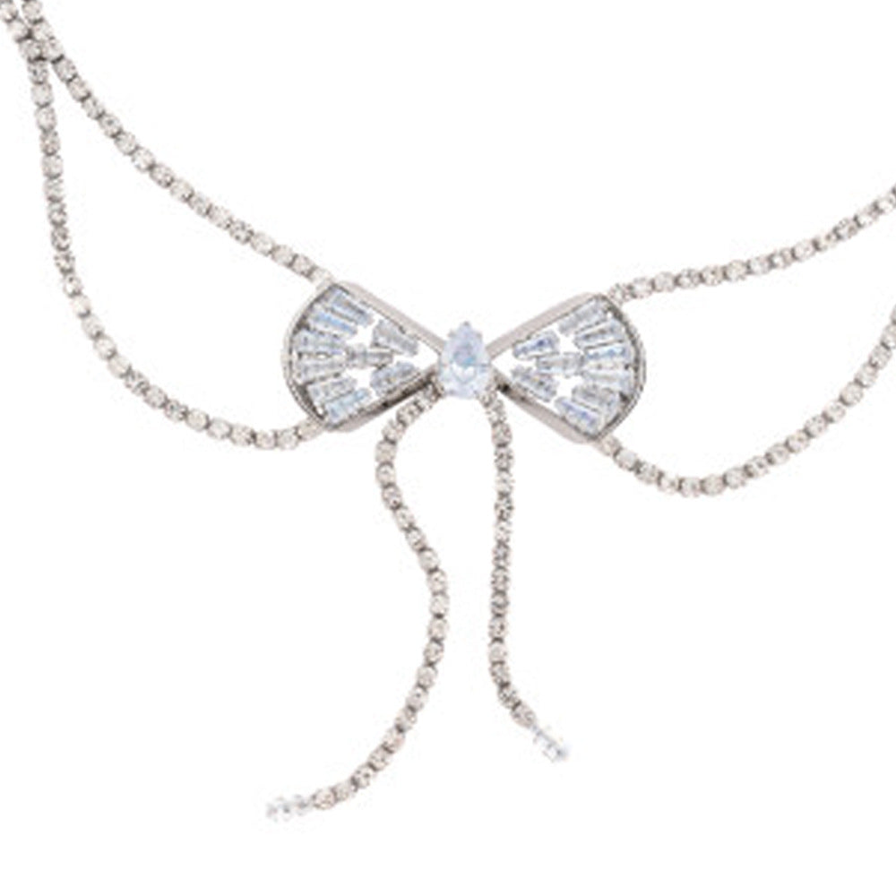 Silver Tassel Bow Tie Layered Necklace For Women Featuring Rhinestone Pendant In Alloy