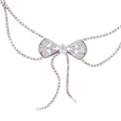 Silver Tassel Bow Tie Layered Necklace For Women Featuring Rhinestone Pendant In Alloy