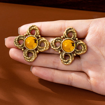 Yellow Flowers Stud Earrings For Unisex Featuring Zinc Alloy With Glass Inlay And 925 Sterling Silver Ear Pins