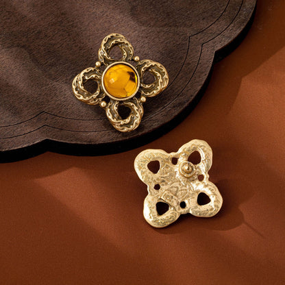 Yellow Flowers Stud Earrings For Unisex Featuring Zinc Alloy With Glass Inlay And 925 Sterling Silver Ear Pins