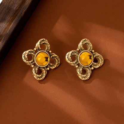 Yellow Flowers Stud Earrings For Unisex Featuring Zinc Alloy With Glass Inlay And 925 Sterling Silver Ear Pins