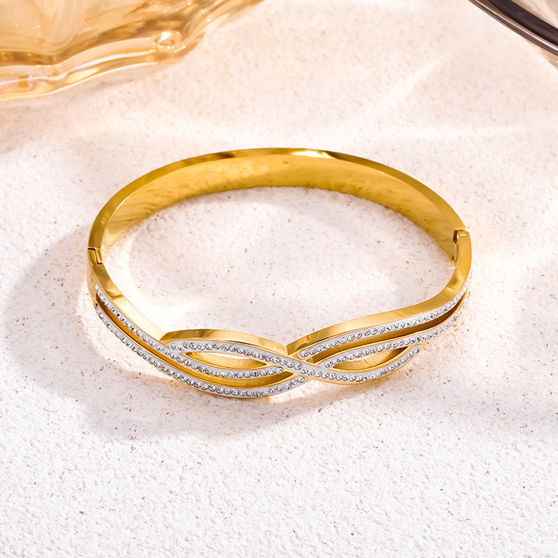 Women’s Circle Inlay Bangle Made Of Titanium Steel With Electroplated Gold Plating
