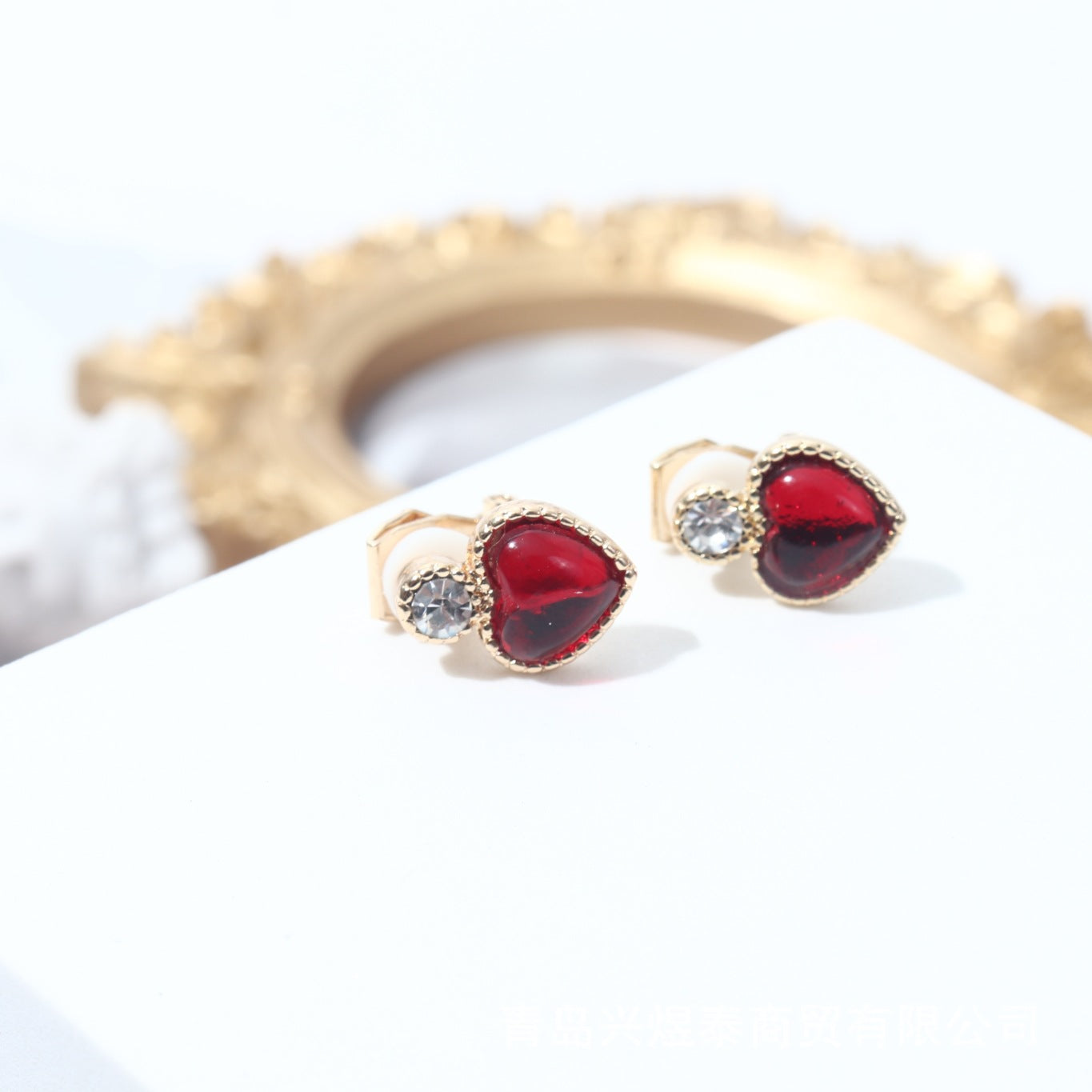 Heart Shape Baroque Style Stud Earrings For Women In Red Alloy With Artificial Gemstones