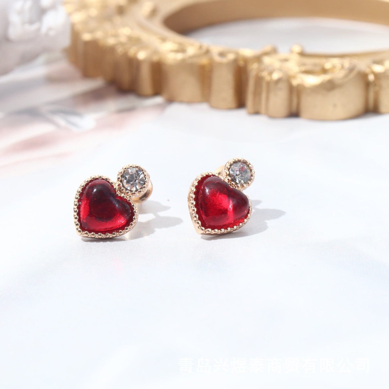 Heart Shape Baroque Style Stud Earrings For Women In Red Alloy With Artificial Gemstones