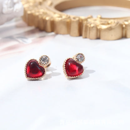 Heart Shape Baroque Style Stud Earrings For Women In Red Alloy With Artificial Gemstones