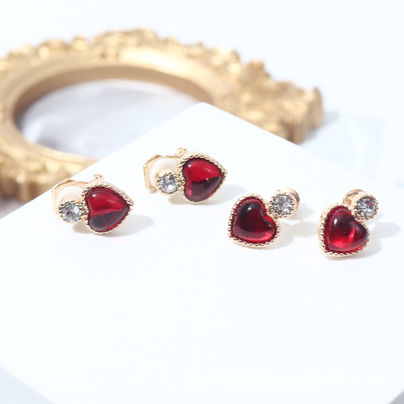 Heart Shape Baroque Style Stud Earrings For Women In Red Alloy With Artificial Gemstones