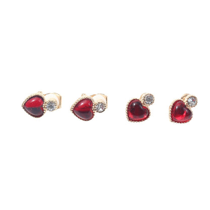 Heart Shape Baroque Style Stud Earrings For Women In Red Alloy With Artificial Gemstones