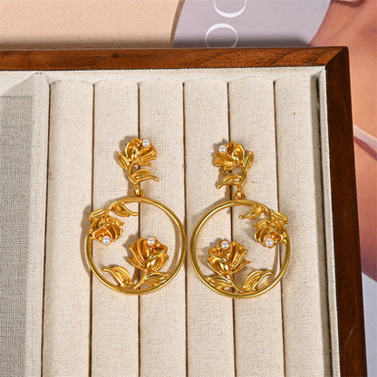 Retro Silver Rose Earrings For Women, Electroplated With Zinc Alloy Studs