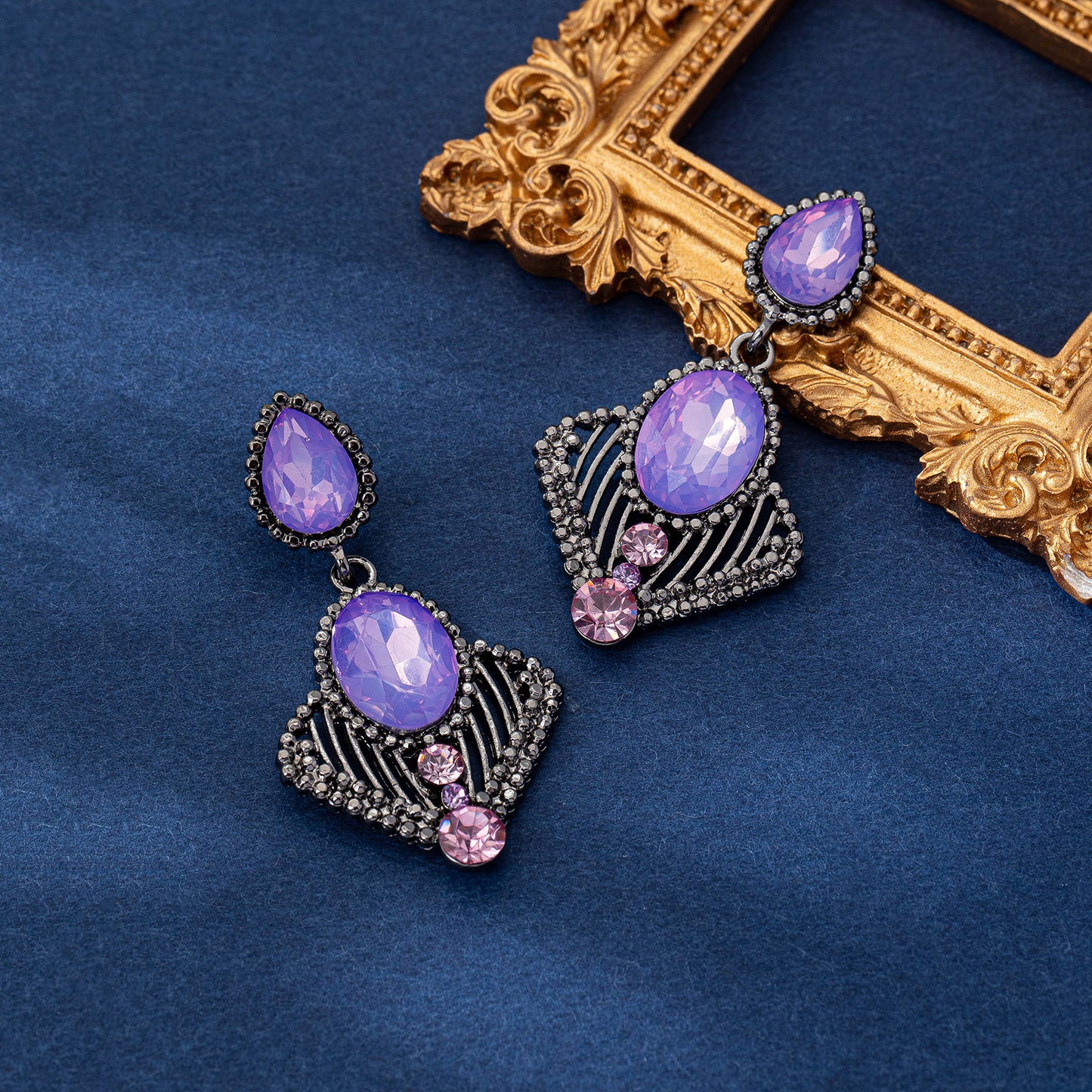 Retro Geometric Purple Alloy Earrings With Silver Electroplated Finish
