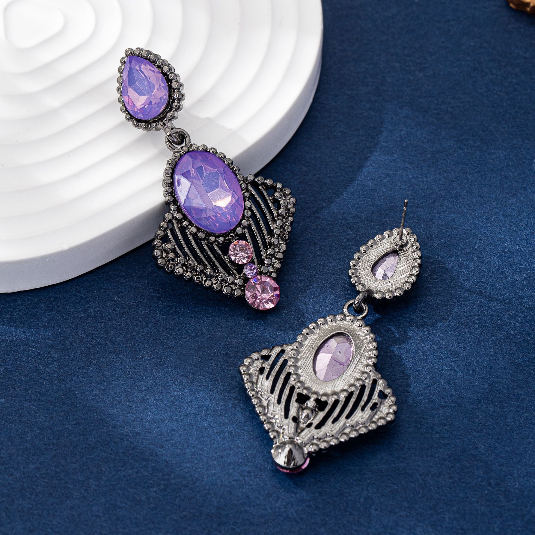 Retro Geometric Purple Alloy Earrings With Silver Electroplated Finish