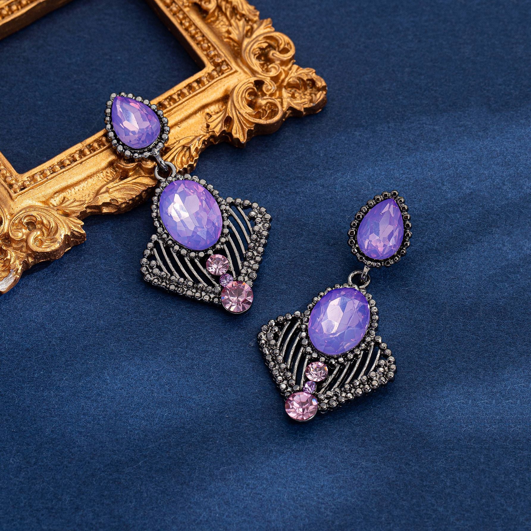 Retro Geometric Purple Alloy Earrings With Silver Electroplated Finish