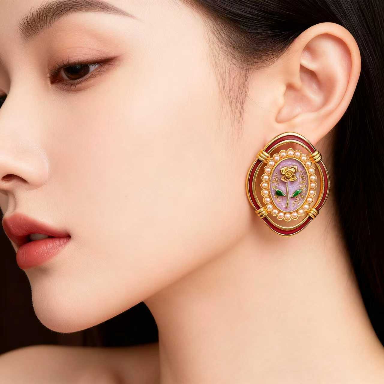 Rose Stud Earrings For Unisex Featuring 925 Sterling Silver Posts And Alloy With Artificial Pearl Inlay In Silver