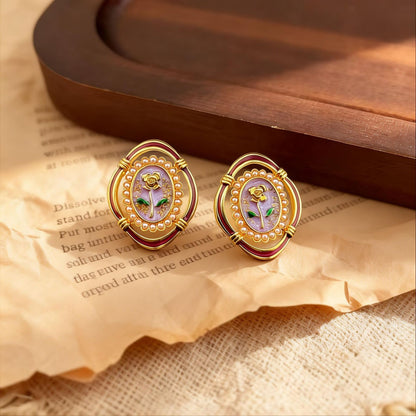 Rose Stud Earrings For Unisex Featuring 925 Sterling Silver Posts And Alloy With Artificial Pearl Inlay In Silver