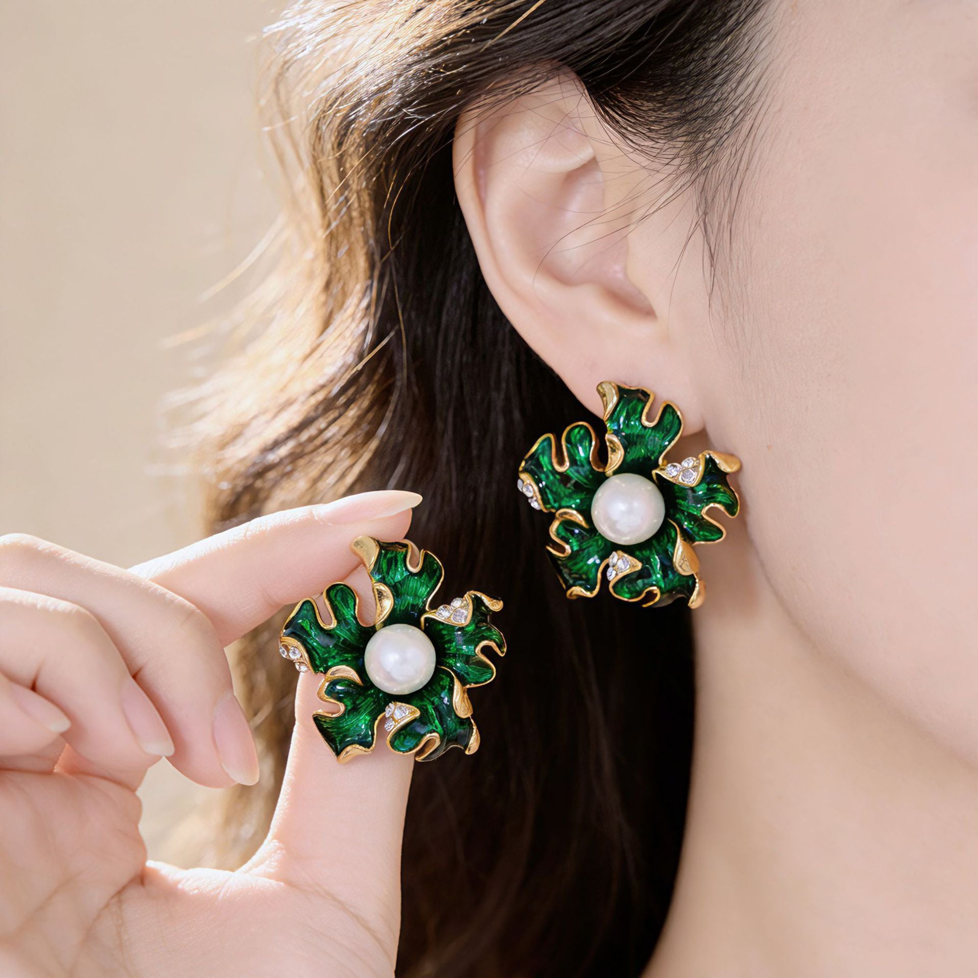 Unisex Stud Earrings For May Birthstone Emerald Featuring Enamel Craft And 925 Sterling Silver Alloy Posts