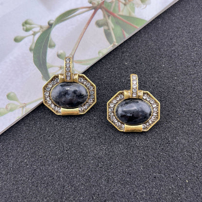 Water Droplets Stud Earrings For Unisex Featuring Electroplated Alloy And Natural Stone Inlay With Retro Style