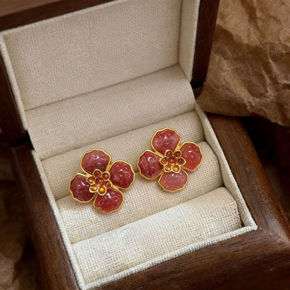 Natural Pink Flowers Stud Earrings For Unisex Featuring Electroplated Alloy With 925 Sterling Silver Ear Pins
