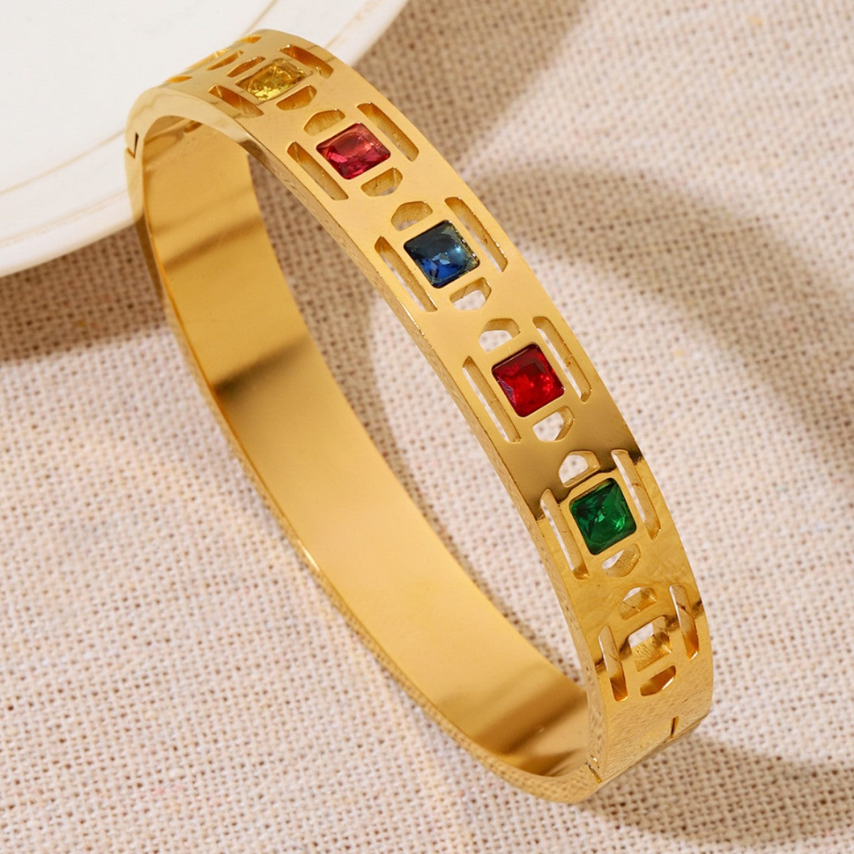 Circle Titanium Steel Bangle With Zircon Inlay In Gold