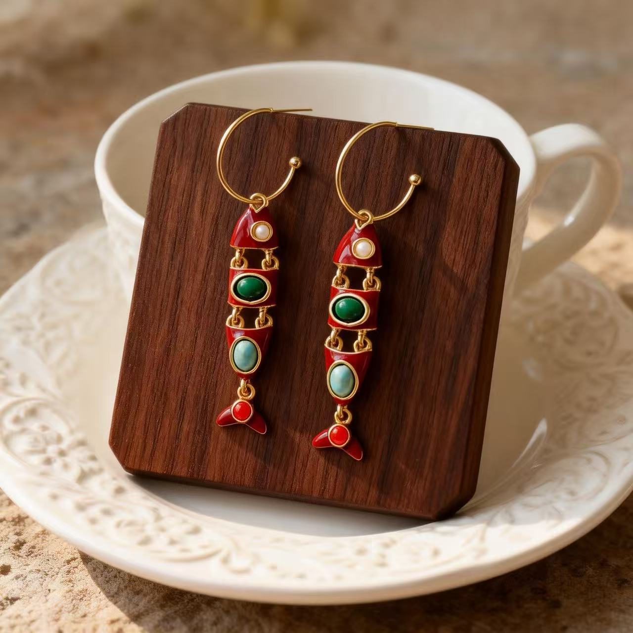 Fish Enamel Earrings For Unisex Featuring Red Zinc Alloy With 925 Sterling Silver Stud Posts