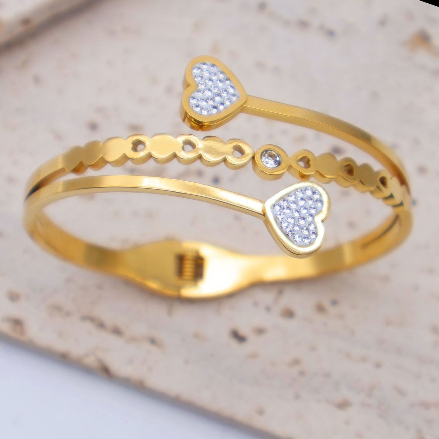 Lucky Heart Wide Bracelet For Women In Titanium Steel With Electroplated Gold Plating And Rhinestone Inlay
